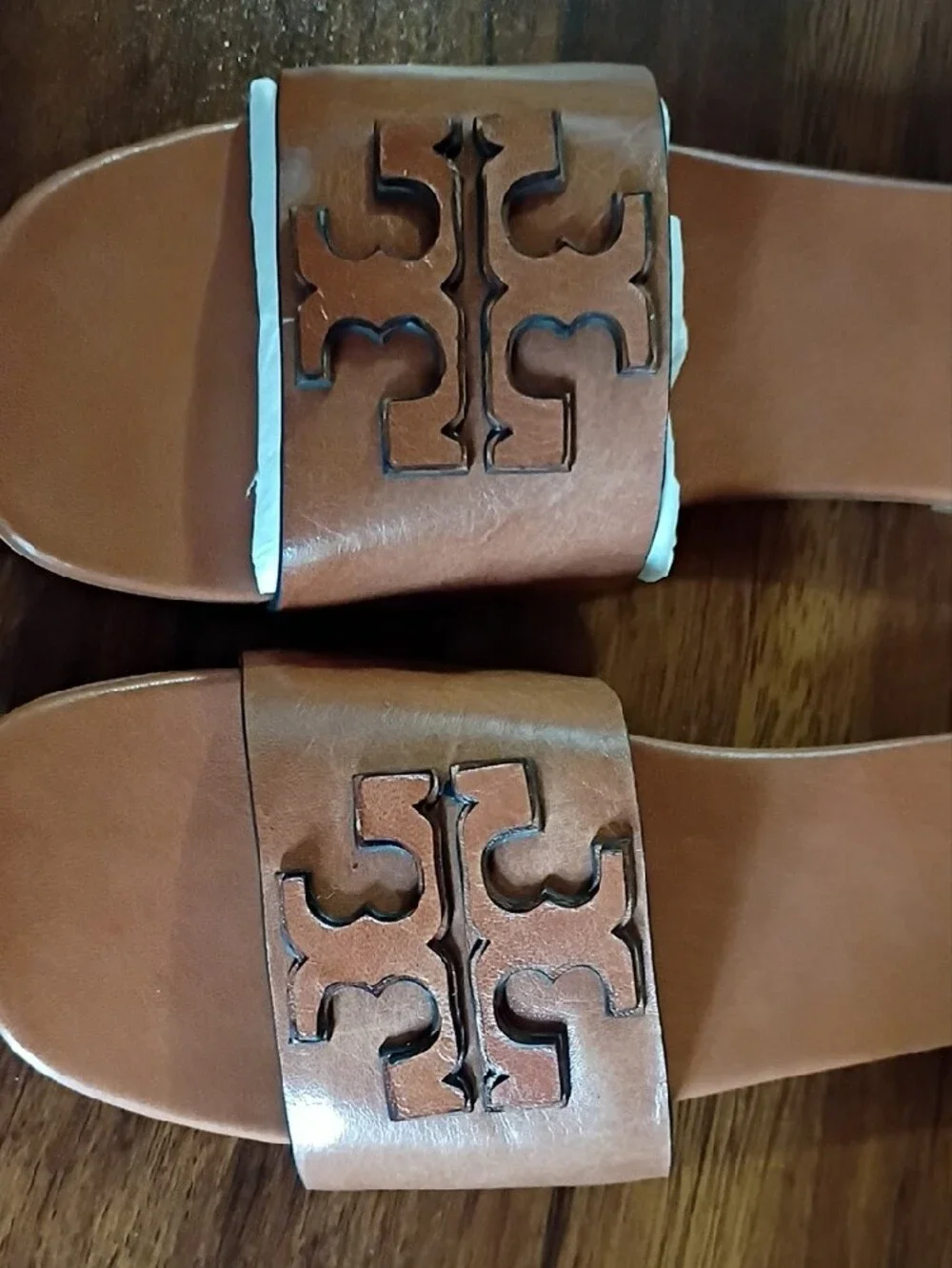 Tory Burch Double Stack Logo Slide In Tan Goat Leather